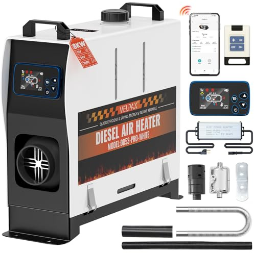 VELPAX Chauffage Diesel 8 KW 12V/24/220V Tout-en-Un Portable Chauffage à Air Diesel,0,16-0,52 L/h Réchauffeur d'air Diesel 8-36 ℃ Réglable 15-20 m² Contrôle Intelligente Télécommande LCD Bluetooth APP