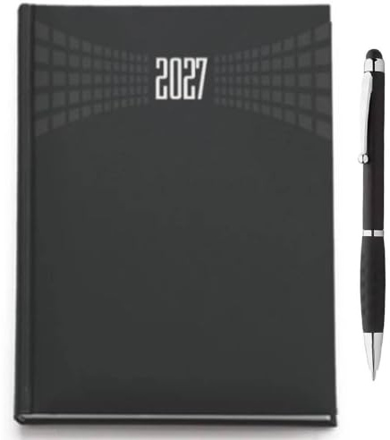 Agenda 2027 giornaliera A5 12 mesi 21x15 cm multilingue con rubrica telefonica, Cartina geografica e Festivita nel mondo, cover cartone, copertina rigida + omaggio penna sfera touch screen (casuale)
