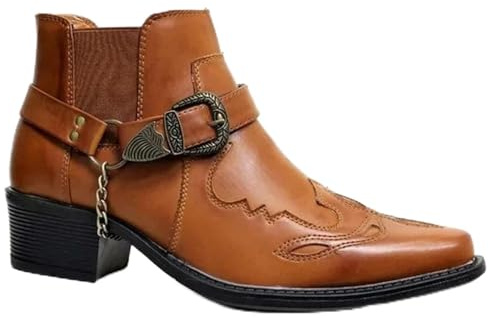GIJMZY Botas Cowboy Hombre Botas vaqueras vintage for hombre, de cuero, caña alta, con hebilla de cadena y correa, zapatos punk, botas de motociclista de punta puntiaguda for hombre(Yellow,43)