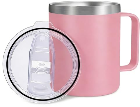 Byitin Taza Térmica 360ml con Manija, Vaso Térmico de Acero Inoxidable con Tapa Antiderrames, Termo Café para Llevar Ideal para Trabajo, Coche y Actividades al Aire Libre（Rosa）