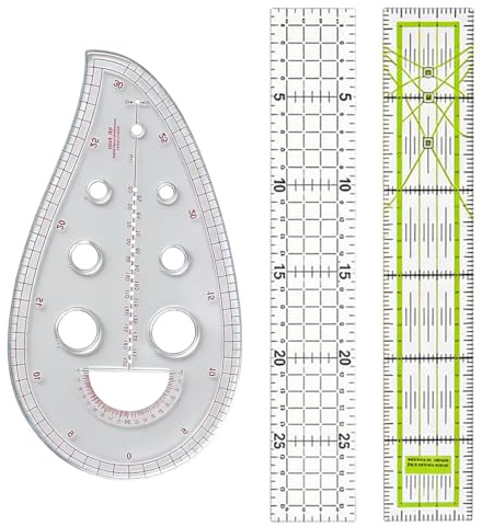 Set da 3 Pezzi Righelli per Patchwork e Cucito, Include 2 Righelli 5x30cm e 1 Righello a Forma di Pesca, Righello Sartoriale Trasparente in Acrilico per Taglio Preciso, Fai da Te