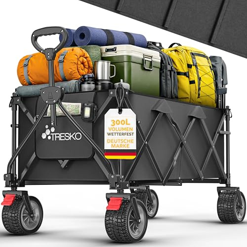 TRESKO® Carro plegable de 300 l con freno, carro de mano plegable, 150 kg, incluye neumáticos de goma maciza, carro de playa plegable, ruedas extra anchas, con bolsa de transporte, color negro