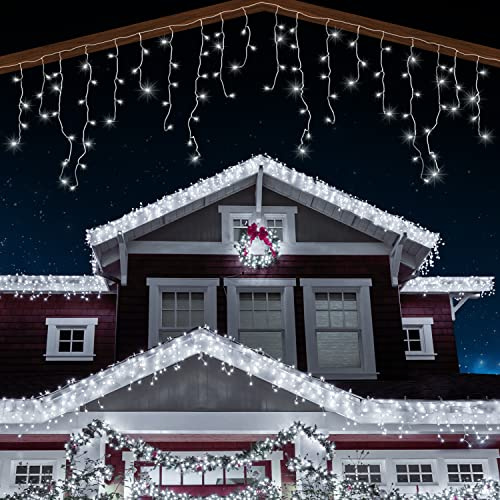 ANSIO Icicle Outdoor Christmas Lights 500 LED, Cool White, White Cable | 17.4m/56ft Icicle Lights Outdoor & Indoor Decorations String Fairy Outside Lights with Timer for Xmas Garden, Mains Powered