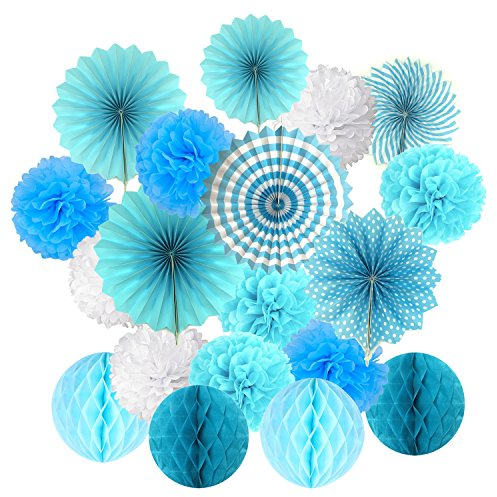 ZERODECO Seidenpapier Pompoms, Papier Fans Fächer und Wabenbälle Dekorpapier Kit für Geburtstag Hochzeit Baby Dusche Parteien Hauptdekorationen - (Blau)