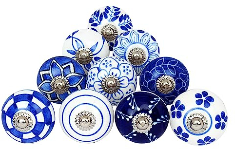 Ajuny Lot de 10 Boutons de Meuble en Céramique Bleu & Blanc – Peints à la Main, Finition Brillante – Poignées pour Tiroirs, Portes de Placard & Armoires de Cuisine – Style Vintage Décoratif