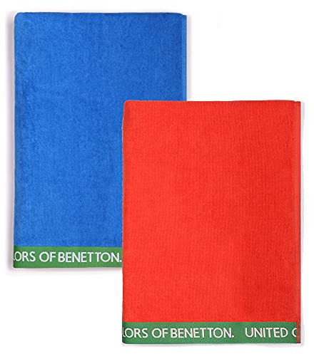 United Farben of Benetton, Set, 2 Strandtücher, 90 x 160 cm, 380 g/m², 100% Baumwolle, Blau + Rot, 90 x 160 cm