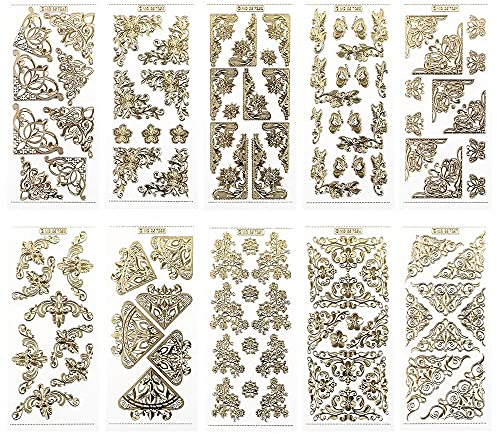 Ideen mit Herz Gravur-Sticker, transparent/gold, 10 Bogen à 10 x 23 cm | Goldene Aufkleber zum Basteln & Dekorieren | Geburtstag, Weihnachten, Rente & mehr (Eck Ornamente)