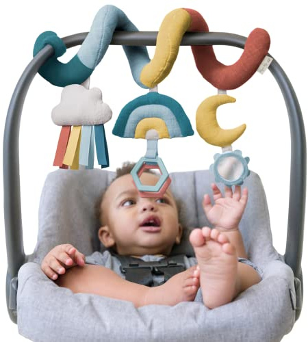 Itzy Ritzy Spiral Car Seat & Stroller Activity Toy - Stroller & Car Seat Toys for Ages 0 Months and Up - Hanging Toys Include Clinking Rings, Mirror and Textured Ribbons (Rainbow)