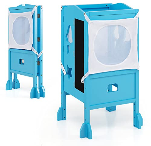 COSTWAY Folding Kids Step Stool, Height Adjustable Toddler Kitchen Helper with Blackboard, Safety Netting and Protective Rail, Wooden Standing Learning Tower for Boys Girls (Blue)