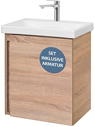 Planetmöbel Lavabo con Mueble 50 cm con Grifo Cromo, Juego de Muebles de baño, suspendido, Roble Sonoma