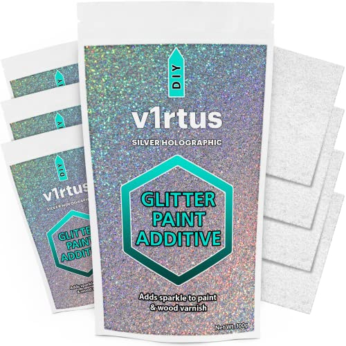 v1rtus Silver Holographic Glitter Paint Additive [400g] with 4X Finishing Buffing Pads | for Painting Glitter Walls | Add to Emulsion, Interior or Exterior Paint