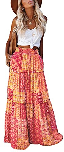 EARKOHA Women's 2023 Summer Casual Boho Long Skirt Elastic High Waist Flowy Beach Maxi Skirt with Pockets Orange, XX-Large