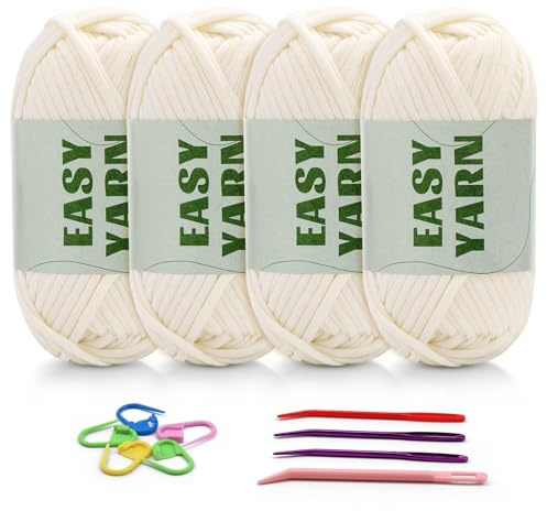 4 X 50g Wolle zum Häkeln Dickes Garn Easy Yarn Häkelgarn Chenille Plüschwolle zum Häkeln gut Sichtbare Maschen, Dicke Wolle zum Häkelgarn Dickes Baumwoll-Nylon-Milchig Weißes mit Häkelzubehör