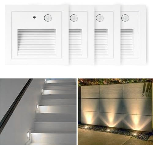SUBOSI 4er LED Treppenlicht Wandeinbauleuchte Aluminium 3W 230V Warmweiß Treppenbeleuchtung außen mit Bewegungsmelder,Wandleuchte Stufenlicht IP65 Wasserdicht