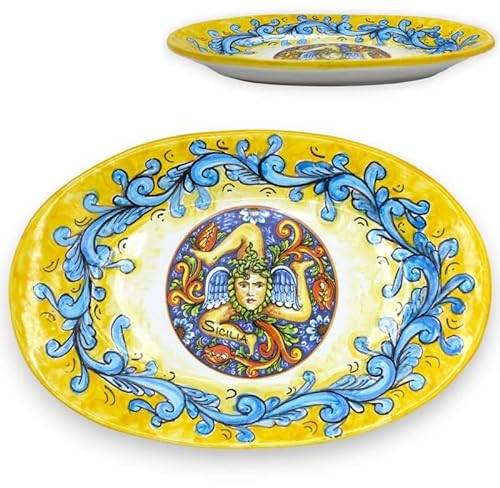 SICILIA BEDDA CAPACI Vassoio Ovale in Ceramica Siciliana, Piatto da Portata, L 30 x 20 cm ca. Decoro Barocco Blu su Fondo Giallo e Trinacria