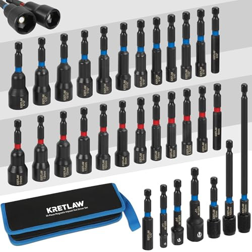 KRETLAW 31PCS Magnetic Nut Driver Set, Impact Drill Driver Bit in Cr-V, SAE & Metric Power Nut Drivers with Quick-Release Extensions & 1/4 Hex Shank