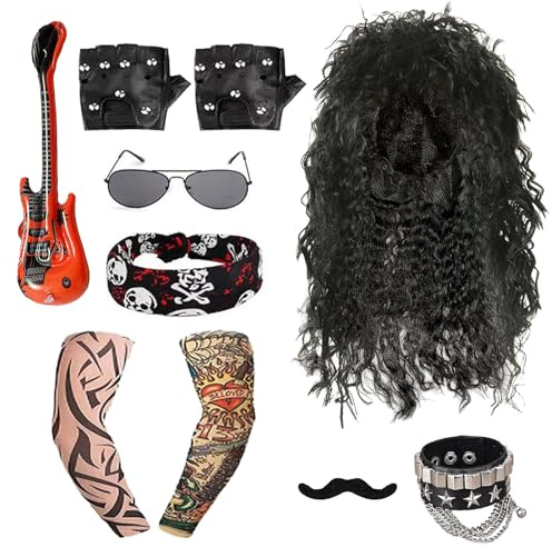 Parrucca Uomo Costumi Set di 8 Accessori Hippy,Parrucca Hippie Nero Anni '80,Parrucche rock Occhiali da Sole,Baffi,Bandana,Guanti,Maniche tatuate,Chitarre,Braccialetto Kit Accessori per Travestimento