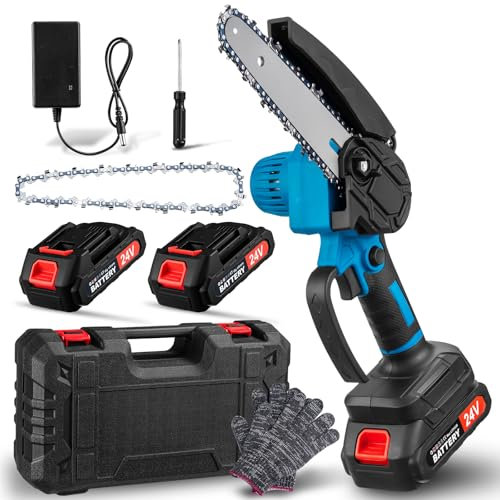 Mini Motosierra, Motosierra de Mano 6 Pulgadas, Motosierra Sin Cable Portátil con Cadena y Cierre de Seguridad y 2 Baterías para Podar Árboles de Jardín