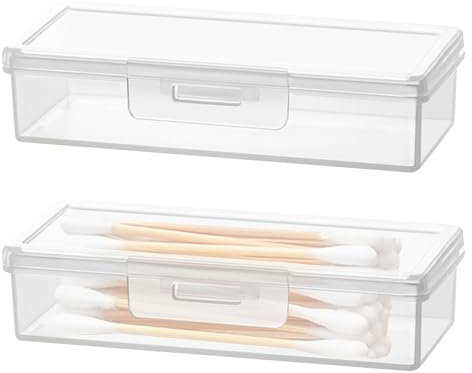 2Pcs Transparent Plastic Cotton Bud Holder, Portable Small Storage Organiser for Cotton Swabs and Bamboo Cotton Buds, Dust-proof and Moisture-proof Dispenser for Bathroom Storage and Toiletries