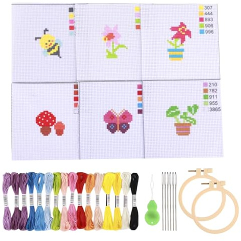 Jiusely Kit per punto croce per bambini principianti, 6 pezzi, kit da ricamo per principianti, kit per ricamo a punto croce, per amanti del fai da te, forniture per ricamo