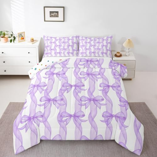 Bow Ribbon Comforter Sets Twin Size,Purple Bowknot Stripes Girl Bedding Set 2Pcs for Kids Woman Youth Room Decor,Girly Butterfly Tie Quilted Duvet Dreamy Princess Style Down Comforter,1 Pillowcase