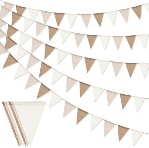 36PCS Vintage Burlap Bunting Banner, 12M Boho Hessian Bunting Reusable Beige Brown Linen Triangle Flag Pennant for Baby Shower Birthday Wedding Garden Party Outdoor Hanging Decor (Beige + Brown)