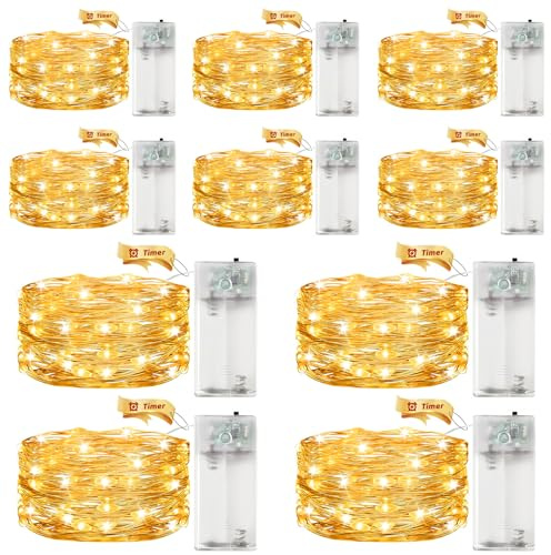 10 st LED-ljuskedja batteri med timer, 2 m 20 LED mikro-koppartråd, LED-ljuskedja med timer, varmvit ljuskedjor, inomhus, batteridriven för jul, halloween, nyårsafton, bröllopsdekoration