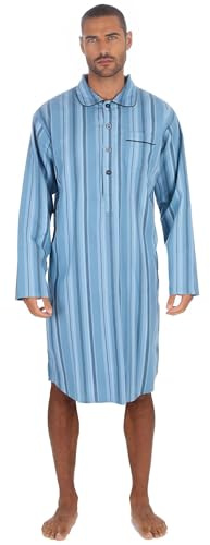 INSIGNIA Mens Nightshirt 100% Brushed Cotton Flannel Nightwear, Long Sleeve Winter Sleep Shirt, Soft & Warm Nightie (Denim Stripe, L)