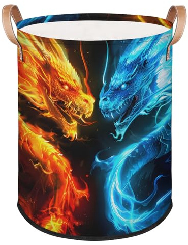 Fire and Ice Dragon Laundry Basket Foldable Storage Baskets Round Laundry Hamper With Handle for Gift Baskets/Laundry Storage/Bedroom and Utility Room Storage Bins Chinese Dragon Totem