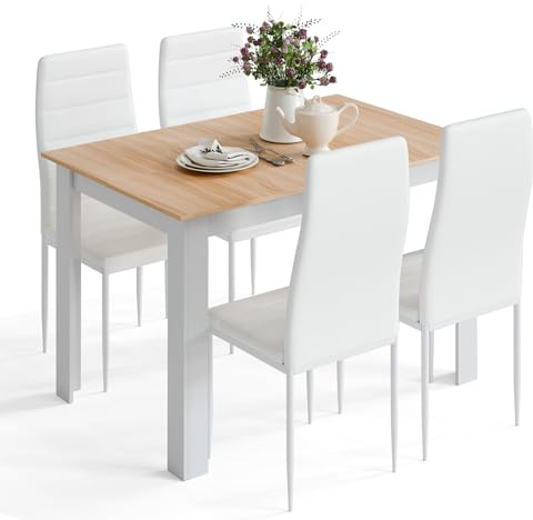 Mondeer Dining Table and Chairs Set 4, Dining Room Sets High Back Faux Leather Chairs, for Kitchen Home Office, 120 x 80 x 75 cm, Oak Table and White Chairs