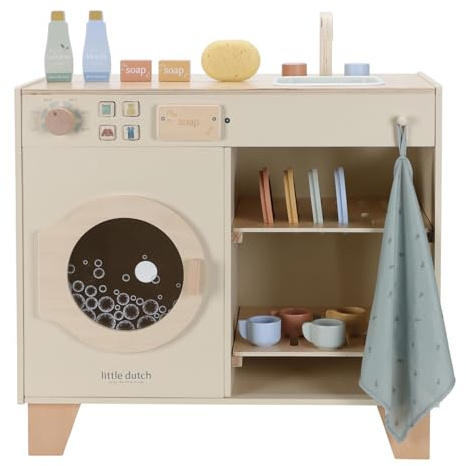 Little Dutch Kinderwaschmaschine aus Holz Waschmaschine für Kinder mit Waschmittel, Seife, Schwamm, Spülbecken, Handtuch und Geschirrset - beige