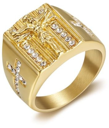 Conjunto de Anillos de Sello para Parejas Cristianas: Jesús Cuadrado (Hombre) y María Ovalada (Mujer), Acero Inoxidable Bañado en Oro con Cruz de Zirconia Cubica en el Lado