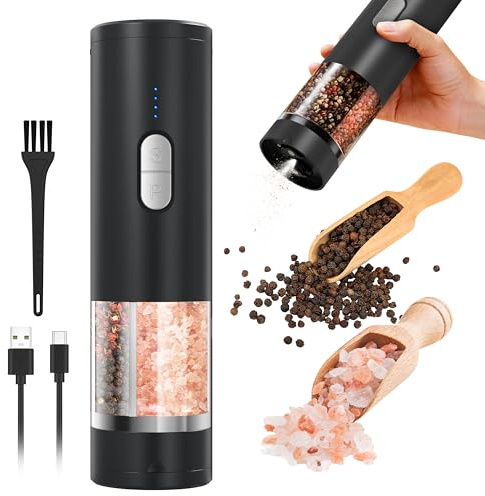 Set macina sale e pepe elettrico 2 in 1 (ricaricabile tramite USB), macina sale e pepe automatico con illuminazione a LED, funzionamento con una sola mano, grana regolabile, perfetto per cucina