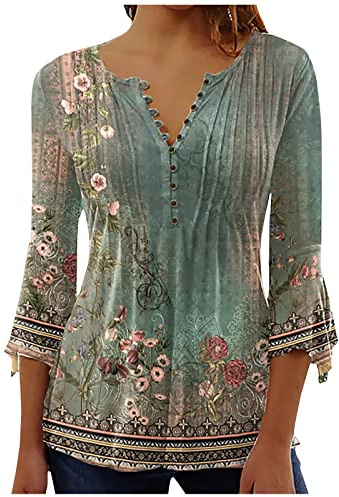 Chemisier Femme Chic et Élégant Manches 3/4 Tshirt Imprimé Plissé Henley Tshirt Col V Blouse Mousseline de Soie Boheme Haut Manche Courte Tunique Été Plage Travail Tunique Top