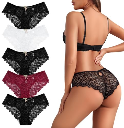Chicpant 5 PCS Culotte Dentelle Femme Culottes Tanga Femme Dentelle en Lot | Nylon Entrejambe en Coton Légers String Doux Et Respirant Paquet de 5 Élastiques Sous-vêtements