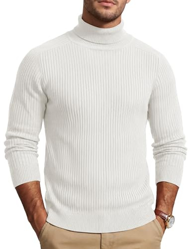 TACVASEN Mens Sweater Turtleneck Ribbed Knitted Sweaters Long Sleeve Winter Warm Pullover Sweaters White