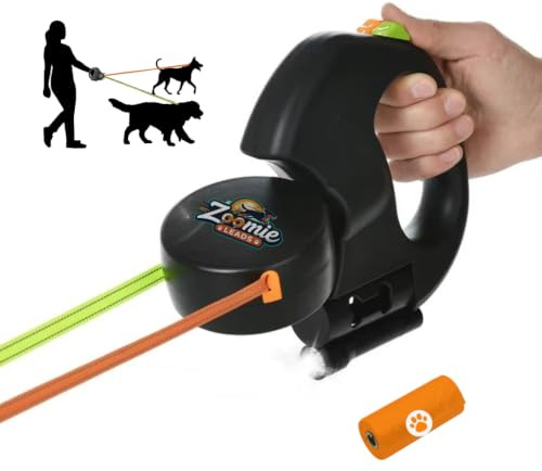 Heavy Duty 2 Metre Metal Retractable Double Dog Lead, Durable Steel Chain Extendable Leash with Secure Locking System and Ergonomic Grip