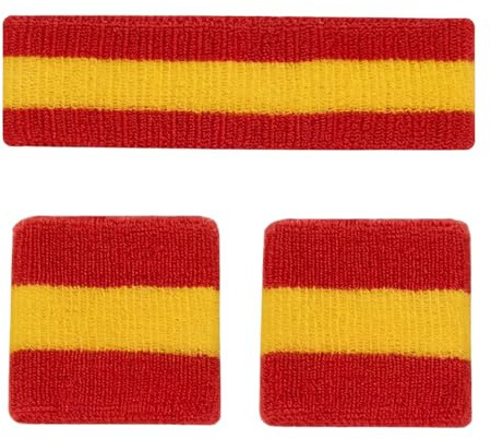 ZEBKEL 1 Kit Espagne Bandeau Brassard 3 Pièces Bandeau 5x18cm Brassards 8x8cm Coton Rouge Jaune Absorption Transpiration Séchage Rapide Respirant Élastique pour Basketball Tennis Football Course Sport