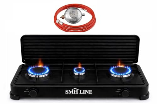 SMH LINE® Gasspis campingspis med 3 lampor inklusive slang och regulator, 50 mbar, gas, propangas, 5,4 kW, häll, camping, gasflaska, spis, utomhus, spis, bordspis, XL, svart