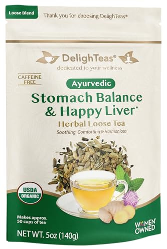 DelighTeas Stomach & Liver Tea | Ayurvedic Herbal Blend for Digestion | Organic Milk Thistle, Fennel, Ginger, Peppermint & Licorice | Vegan, Caffeine-Free, Sugar-Free | Loose Leaf, 50 Servings, 5oz