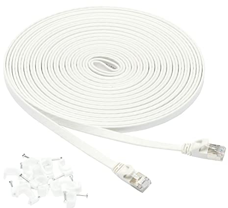 Amazon Basics Câble réseau Internet Ethernet Gigabit plat catégorie 7 RJ45 - 9.1 m, Blanc