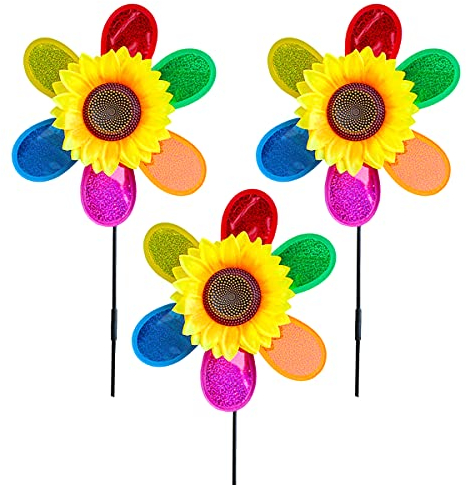 LUKDUNG 3 Stück Windmühlen für Garten, Sonnenblumen-Windspiele, Bunte Pailletten-Windmühle, Outdoor-Blumen-Windräder, Gartendekoration für Garten, Hof, Rasen, Dekorationen, Vogelabschreckung