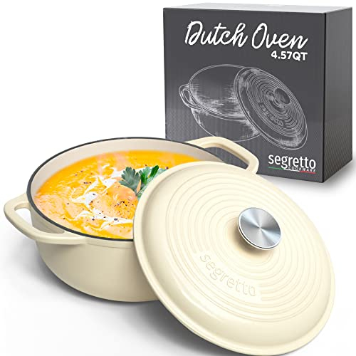 Segretto Cookware Enameled Cast Iron Dutch Oven, 4.57 Quarts White