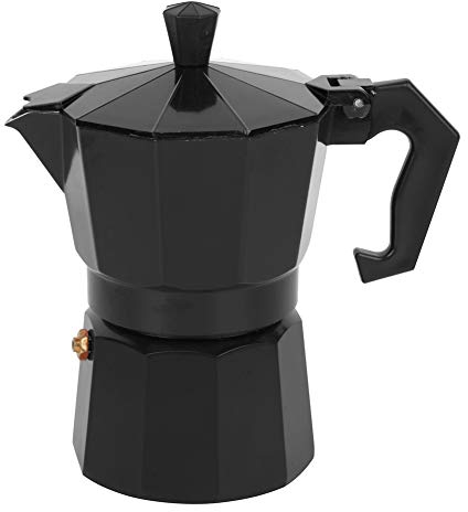 Moka - de 3 tazas (3 tazas), clásica de aluminio italiano, olla de cocina con mango anticaldo para cocina, camping, oficina, 150 ml (negro)