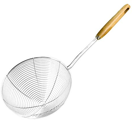 AEX Stainless Steel Spider Strainer - Fine Mesh Strainer Wooden Handle - Durable Wired Skimmer Spoon | Spider Ladle for Frying Food, Spaghetti, Pasta Drainer - Kitchen Utensils for Cooking (7.9 Inch)