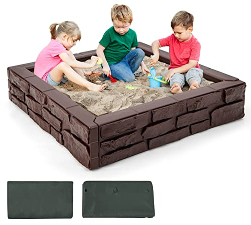 Costzon Kids Sandbox with Cover, 47x 47 HDPE Sand Box w/Oxford Cover, Bottom Liner, Reinforced Structure, Weather Resistant Outdoor Sand Pit for Backyard Lawn Garden Beach (Brown)
