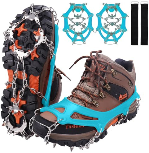 WIN.MAX Crampons for Shoes, Traction Cleats Ice Snow Grips with 19 Stainless Steel Spikes, Shoe Talons Anti - Slip Boots Spikes for Walking, Jogging, Climbing and Hiking (Teal, M)