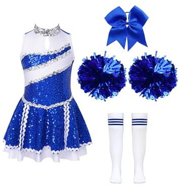 FEESHOW Kinder Mädchen Cheerleading Kleid Glänzend Cheer Uniform Kleid Pompoms Socken Strümpfe Tanzpuschel Armband Set Typ_S_Blau 146-152