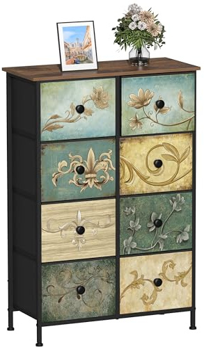 VEDECASA Kommode mit 8 Schubladen böhmische Schminktisch mit Holzplatte Stoffschubladen Metallgestell Stoff Kommode Turm Veranstalter für Wohnzimmer Schlafzimmer Flur