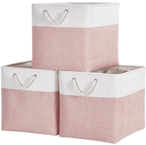 Mangata Aufbewahrungsbox,(33x33x33cm) Aufbewahrungskorb Stoff für Kallax, Box in Würfel für Schrank, Regal, und Kleidung(Rosa/Weiß, 3er Pack)